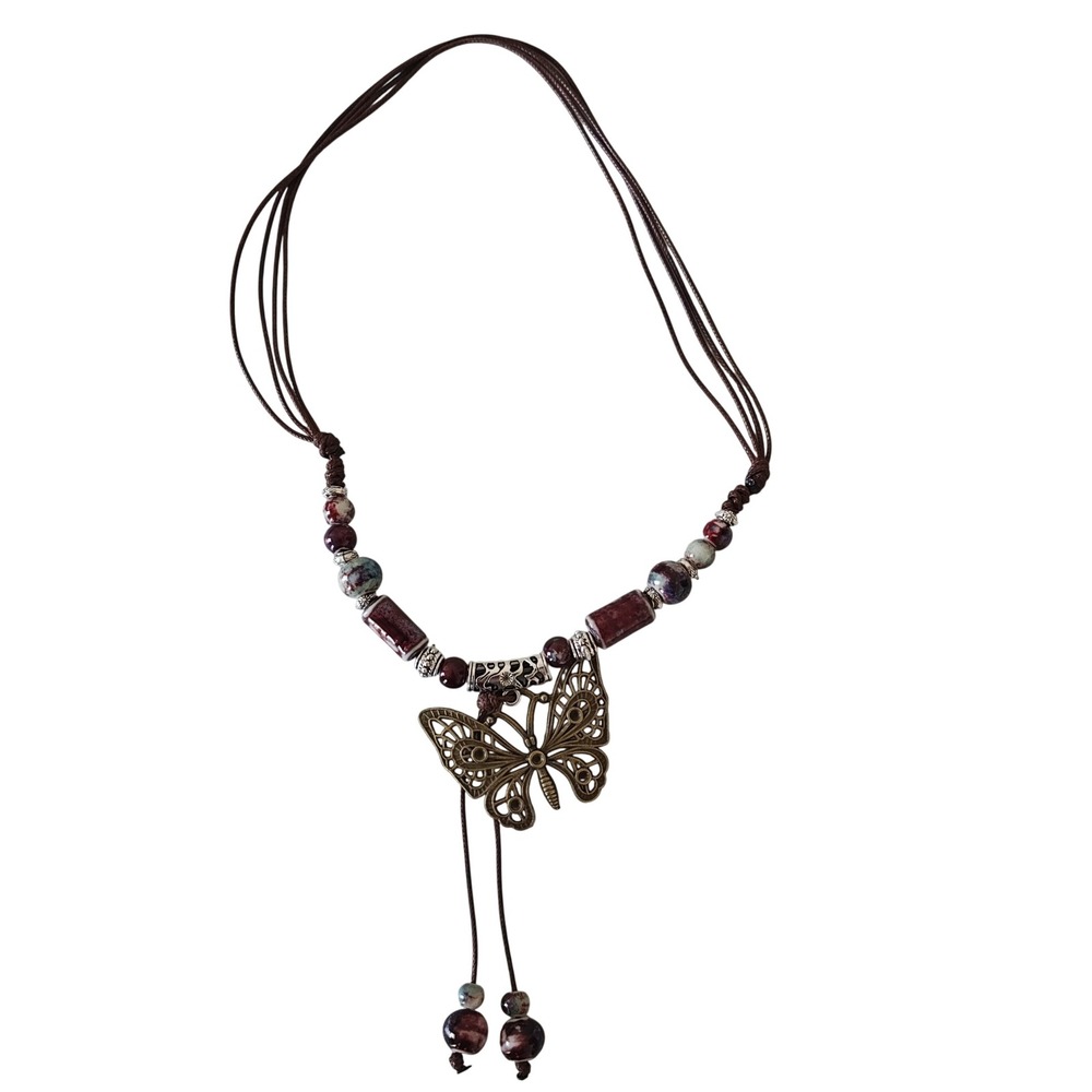 Boho Butterfly Pendant Necklace Brown Cord Ceramic Beads Bronze Tone Lariat